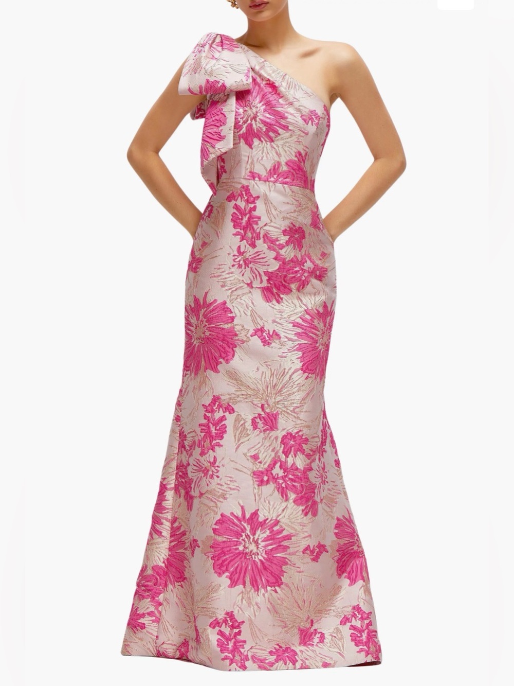NEW Alfred Sung D879 HPJ One-Shoulder Pink Floral Jacquard Trumpet Gown, Size 8